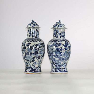 Paire de potiches en porcelaine bleu blanc à décor de dragons , Chine , XIX ème