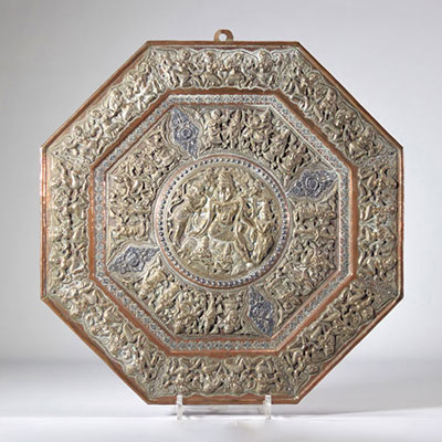 Tibetan tray decorated with bronze and silver deities early 19th century