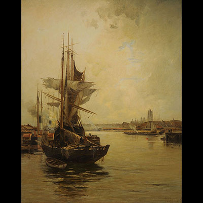 Alfred JANSSON (1863 1931) d'après Charles LAPOSTOLET (1824-1890) grande huile sur toile, vue de port