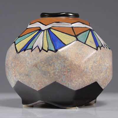 ANTOINE DUBOIS (1869-1949) Art Deco glazed ceramic vase with painted decoration of geometric patterns.