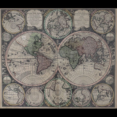 Seutter 1720 Carte du monde gravée à double hémisphère, entouré de 8 projections