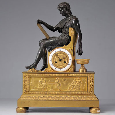Imposing Empire clock in bronze with two patinas Alexander the Great