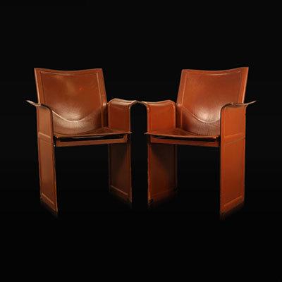 Design Furniture - Matteo Grassi Suite of 14 chairs in brown patina leather 20th wear