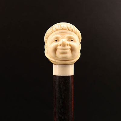 France - Ivory pommel cane  with a monk's head carved