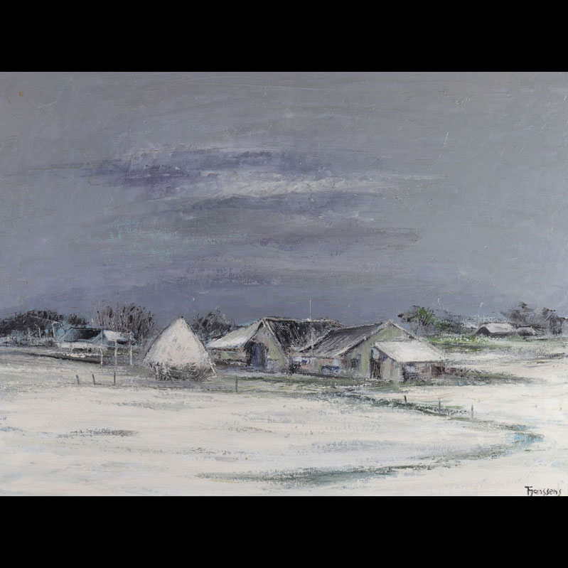 Huile sur toile signé Janssens vue de village sous la neige 20ème 