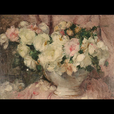 Jean Laudy Grande huile sur toile  - bouquet de fleurs 