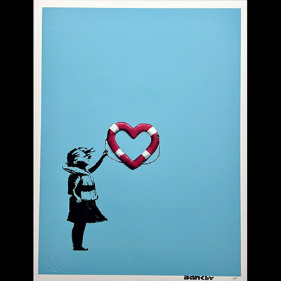 Banksy. “Girl with Heart Shaped Float (Blue)”. Original lithograph. 2021. Signed “Banksy” lower left in stamp.