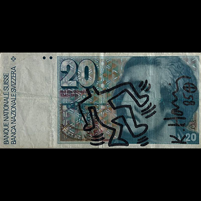 Keith Haring. Billet de 20 Francs de la banque Nationale Suisse rehaussé d'un dessin original au feutre noir. Signé « K.Haring » et daté 1985.