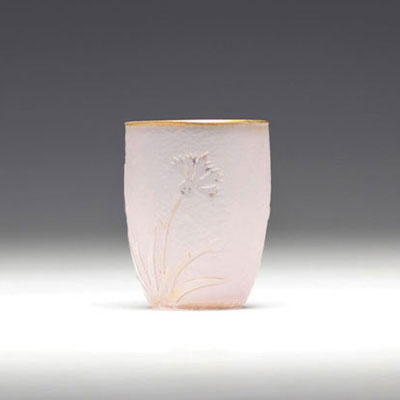 Daum Nancy acid-etched goblet decorated with flowers on a frosted white background