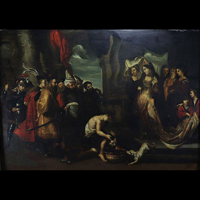 Flemish school of the 18th century – According to Rubens, Tomyris plunges the head of Cyrus into the blood. Oil on panel.