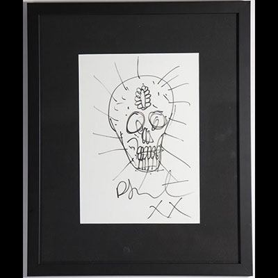 Damien HIRST, Attribué à Skull Head Dessin au feutre noir sur papier Signé à la mains, œuvre unique