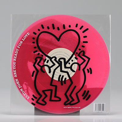 Keith HARING (1958-1990) Elton John - Are you ready for Love - 1985. Cover and screen-printed vinyl record of a composition by the artist.
