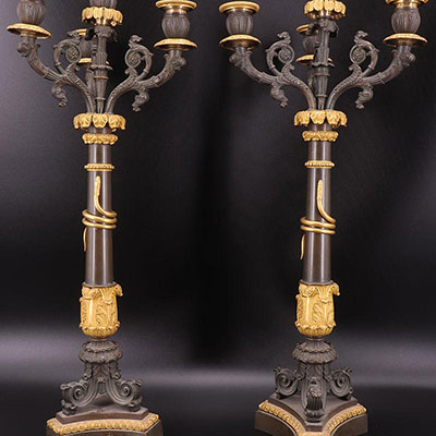Paire de candelabres bronze à deux patines époque restauration.