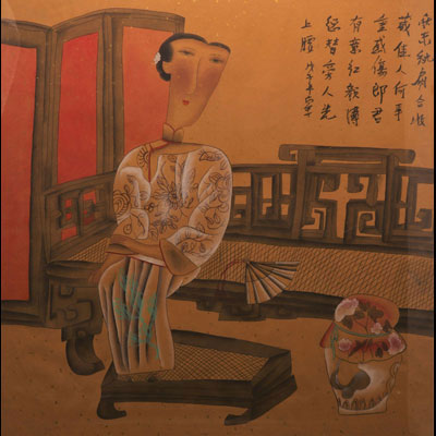 Peinture chinoise 20ème jeune femme à l'éventail