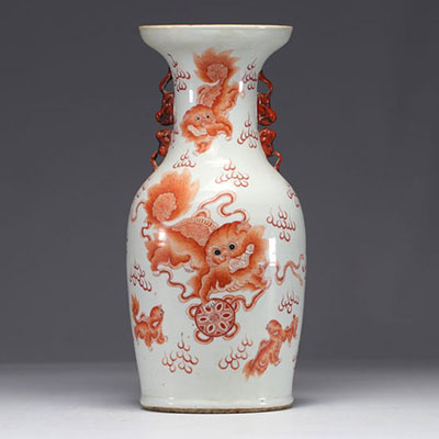 Chine - Vase en porcelaine à décor de Lions en rouge fer, XIXe siècle.
