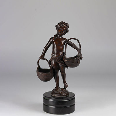 Suzanne Bizard bronze young girl carrying two baskets brown patina 19th