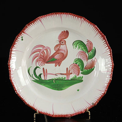 Les Islettes France Plate decorated with a red rooster on a fence. 18th.