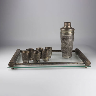 Shaker service in silver metal, 6 goblets, 1 shaker, a tray