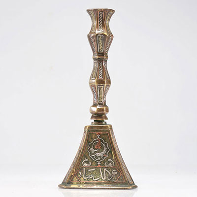 Ottoman brass candlestick and silver and copper inlay 