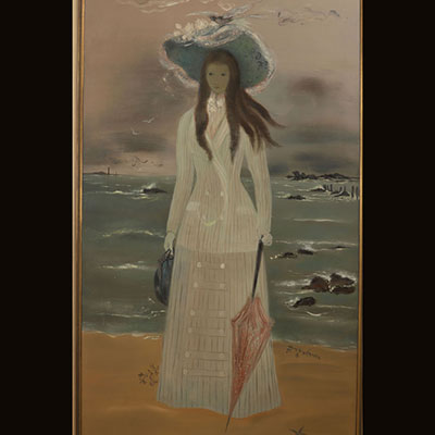 Marguerite Brouhon - Grande huile sur toile - jeune femme au bord de mer (1m72)