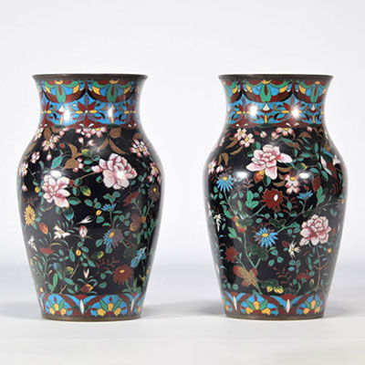Pair of 'cloisonné' bronze vases decorated with flowers