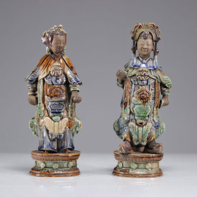 Chine paire de statuesen grès vernissé d'époque Qing