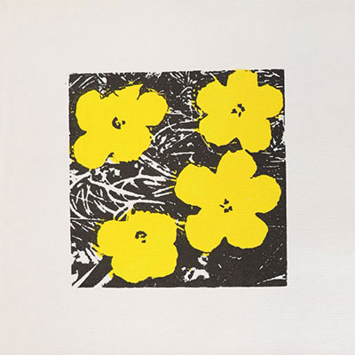 Andy Warhol. Flowers. Printed in black, white and yellow on linen. Bears the “Andy Warhol” signature in felt pen on the back as well as the “Andy Warhol Collection” stamp.