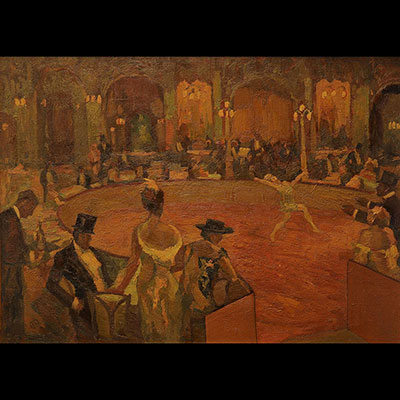 France - Intéressante huile sur toile (48x66,5cm) « scène de cirque – une soirée au pavillon » attribuée à Henri de Toulouse Lautrec (1864-1901). Signée. Non datée.