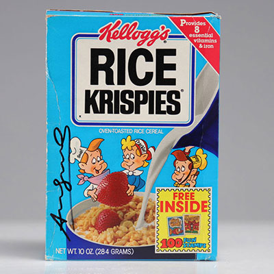 Andy Warhol. “Andy Warhol” felt pen signature on a box of “Kellogg's Rice Krispies”.