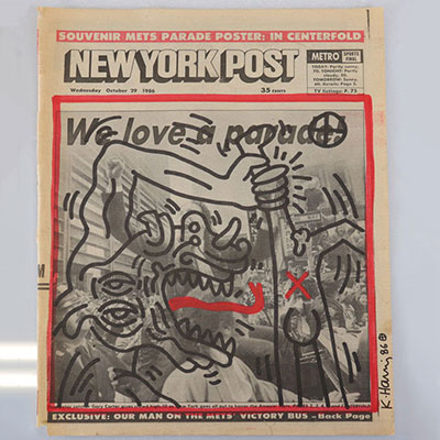 Keith Haring. Original drawing in black and red marker on a newspaper page from the New York Post of Wednesday, October 29, 1986. Signed 