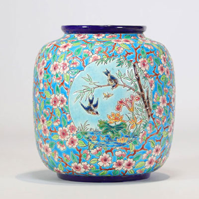 Vase in Longwy enamel decorated with flowers