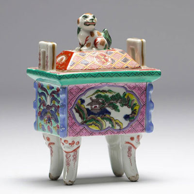 China - Polychrome porcelain perfume burner with landscape decoration.