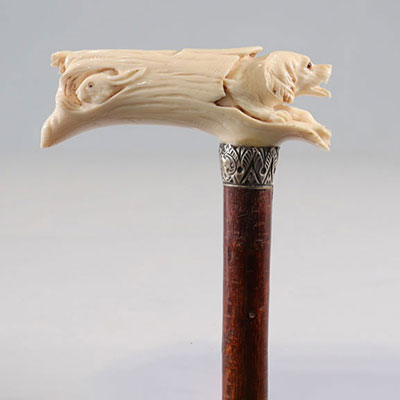 Canne pommeau en ivoire sculpté d'un chien et lapin certificat CITES 