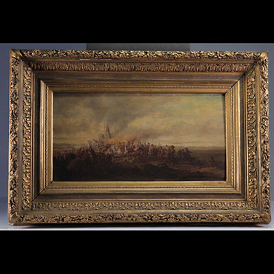 Oil on wood battle scene (signature to be identified)