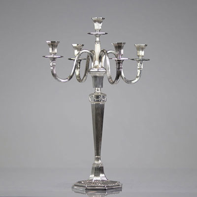5-branch candlestick, 800 solid silver, crescent moon and crown hallmark - late 19th century