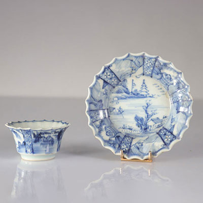 Chine bol et sous bol blanc bleu décor de paysage