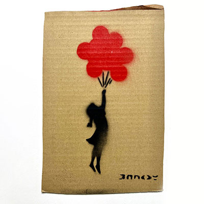 Banksy. “Flying balloon girl”. 2015. Spray paint and stencil on cardboard.