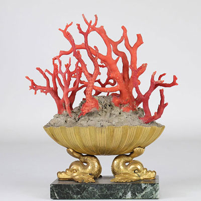 Golden bronze planter in the shape of dolphins decorated with red coral