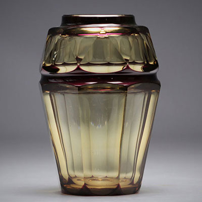 Val Saint Lambert topaz crystal vase with red Art Deco lining