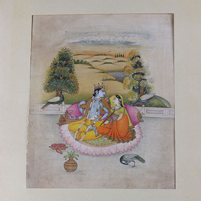 India Watercolor on paper romantic scene 19th stain
