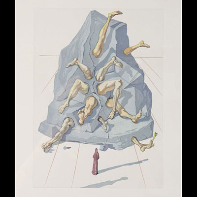 Salvador Dali - Bois gravé en couleurs sur vélin de Rives. « Les Simoniques ». La Divine Comédie - Purgatoire - Chant 33. - 1963.