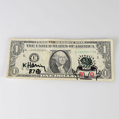 Keith HARING (1958-1990) Dessin au marker noir et rouge signé et daté sur un billet de banque d’un dollar datant de 1963