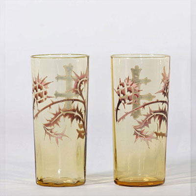 Emile Gallé crystal glass two goblets decorated with thistles