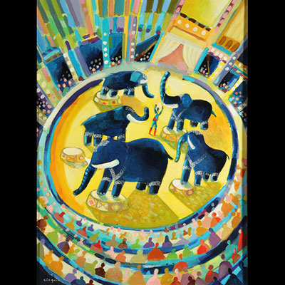 Jacques CINQUIN huile sur toile-  les éléphants bleus du Cirque