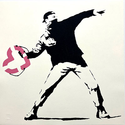 Banksy (D'après). « Heart Shapped Float thrower ». BHC, Banksy Humanité Collection. 2021. Sérigraphie en couleurs. Réalisée par Luna & Beru.