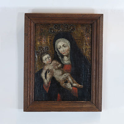 Huile sur toile 17ème Vierge à l'enfant couronner