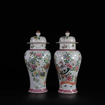 China pair of 19th century famille rose porcelain covered vase