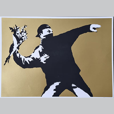 BANKSY (GB, 1974)Love is in the air, Gold, 2003. in the style of,-Screenprint on gold paper 