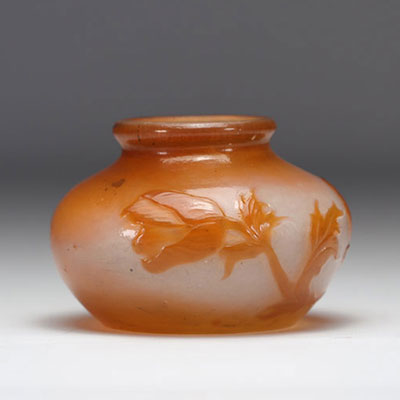 Emile Gallé acid-etched vase decorated with flowers on an orange background and signed with a grinding wheel