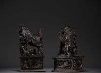 China - Pair of Fô dogs, temple guardians, carved wood, 19th century.